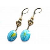 Bronze Crystal Earrings, Opaque Blue, Blue Yellow, 